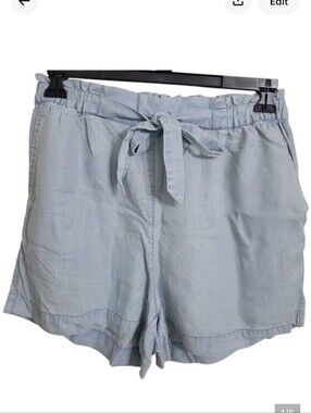 H&M High Waist Paper Bag Chambray Denim Shorts Pull On Light Weight Sz 8